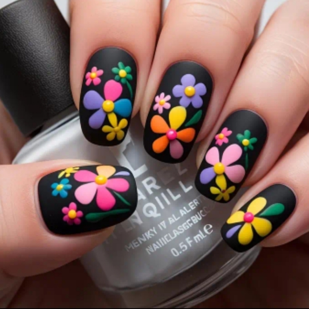 🔥3/$21 Floral Nail Art on Black Matte Press On Nails